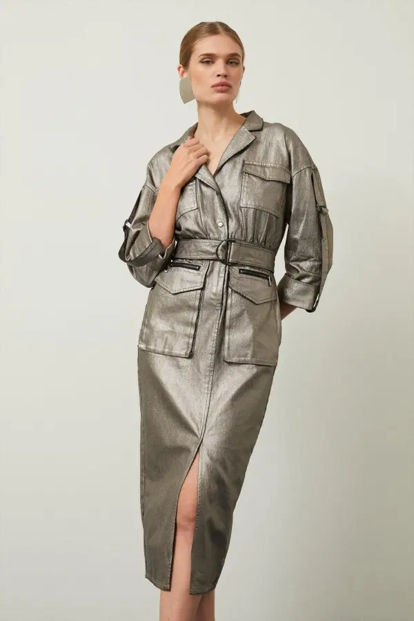 Metallic Denim Woven Midi Shirt Dress