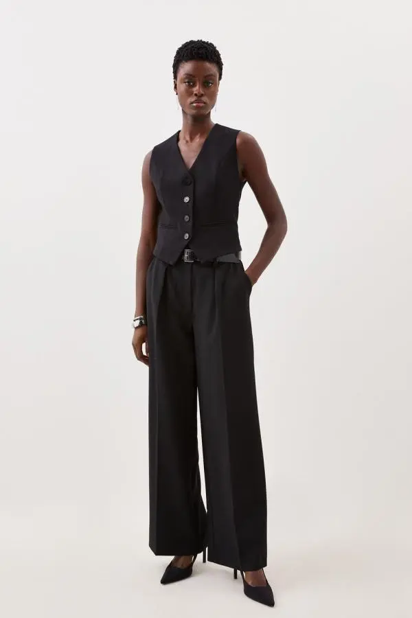 Compact Stretch Darted Wide Leg Trousers