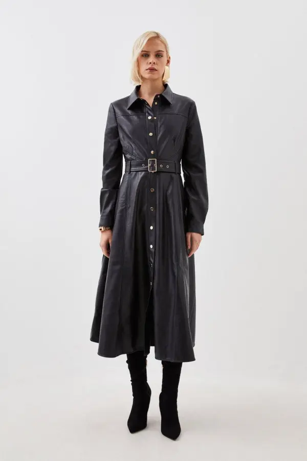 Faux Leather Long Sleeved Belted Midi Shirt Dress