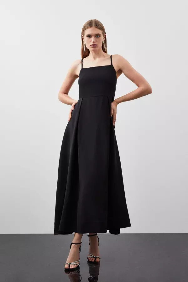 Polished Viscose Tailored Full Skirt Midi Dress
