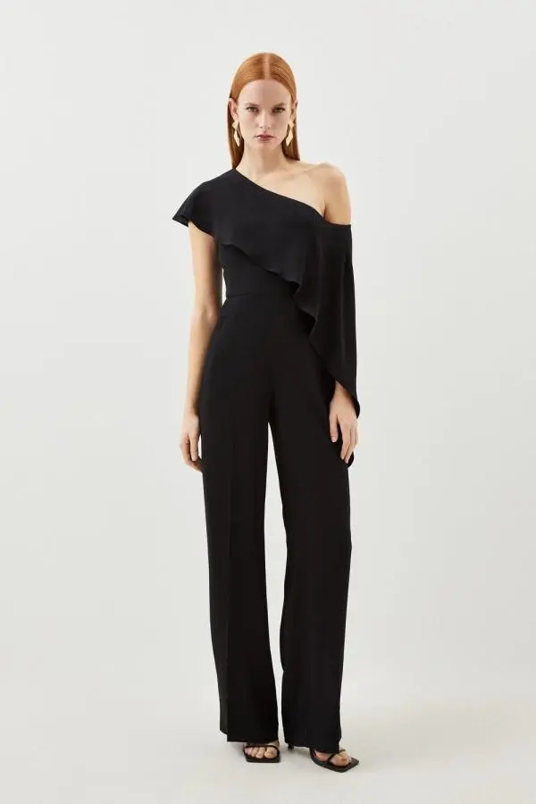 Tailored Compact Stretch Viscose Drape Detail Jumpsuit