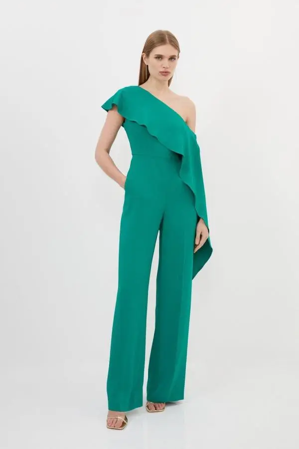 Tailored Compact Stretch Viscose Drape Detail Jumpsuit