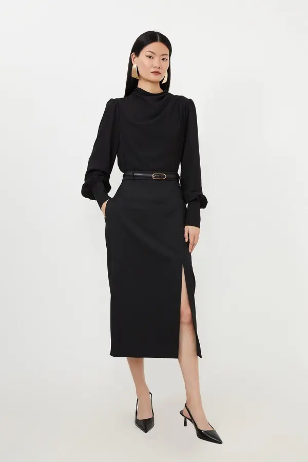 Tailored Premium Twill Slit Detail Midi Skirt