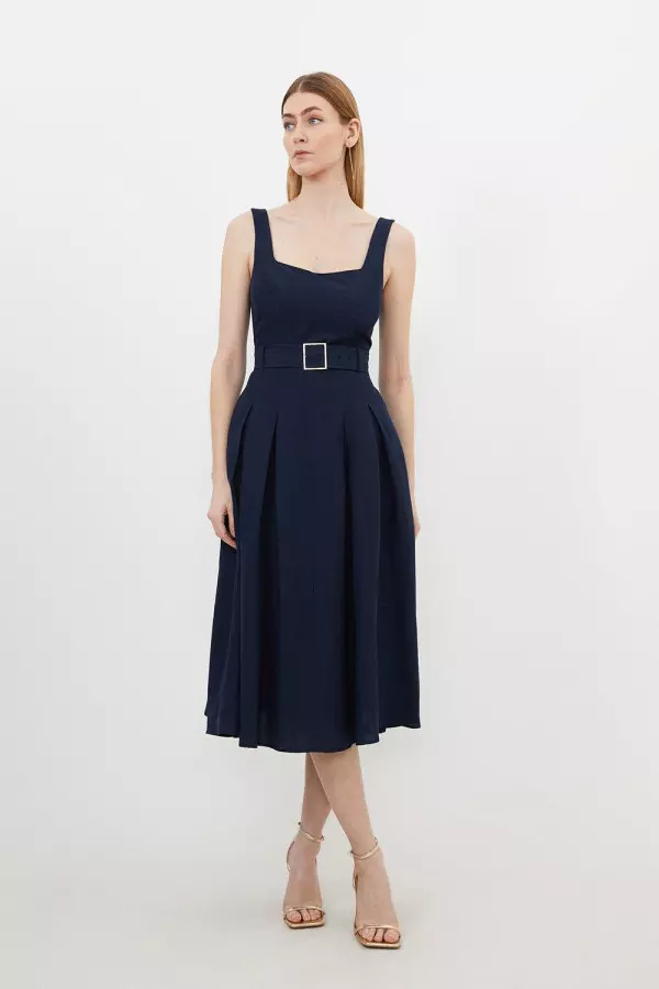 Tall Premium Tailored Linen Square Neck Belted Midi Dress