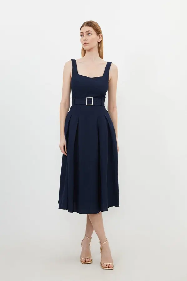 Premium Tailored Linen Square Neck Belted Midi Dress