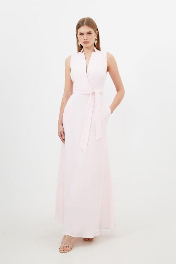 Premium Tailored Linen Notch Neck Belted Midaxi Dress