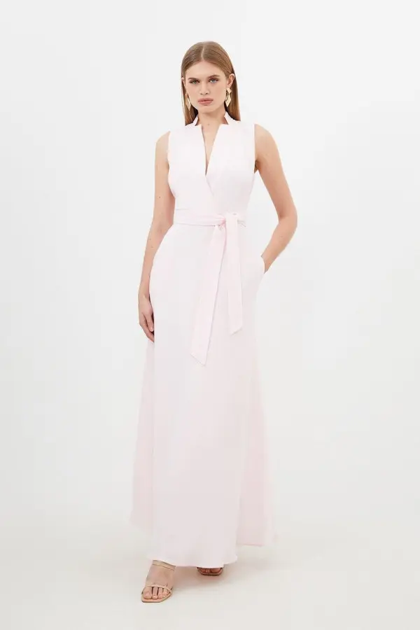 Premium Tailored Linen Notch Neck Belted Midaxi Dress