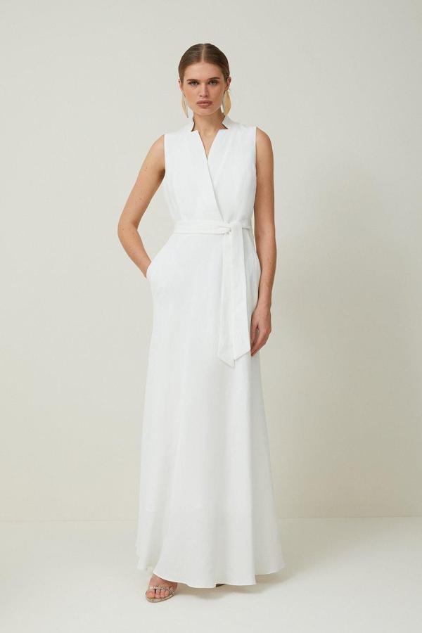 Premium Tailored Linen Notch Neck Belted Midaxi Dress