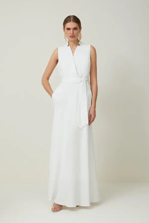 Premium Tailored Linen Notch Neck Belted Midaxi Dress