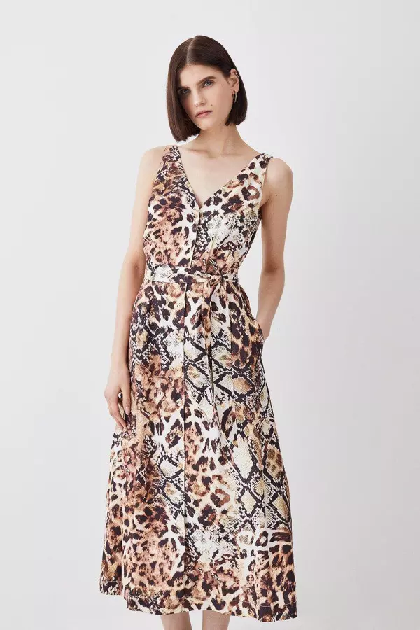 Animal Print Belted Premium Linen Woven Midi Dress