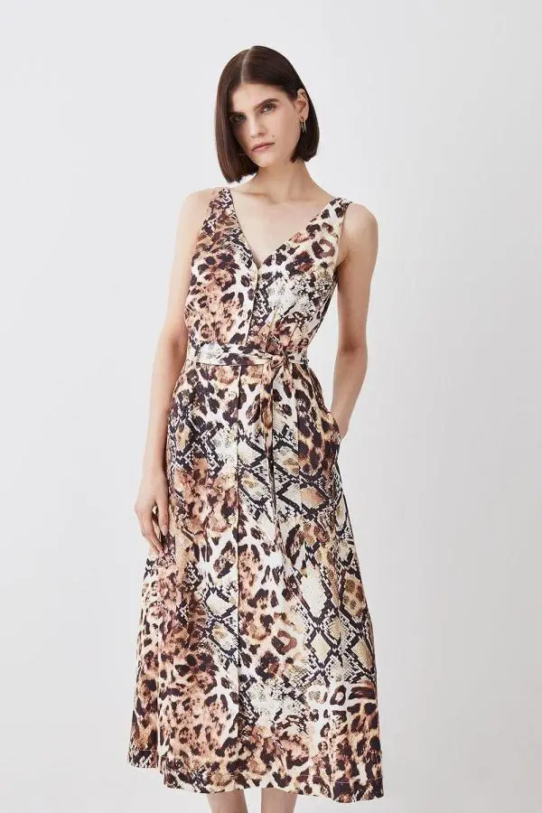 Animal Print Belted Premium Linen Woven Midi Dress