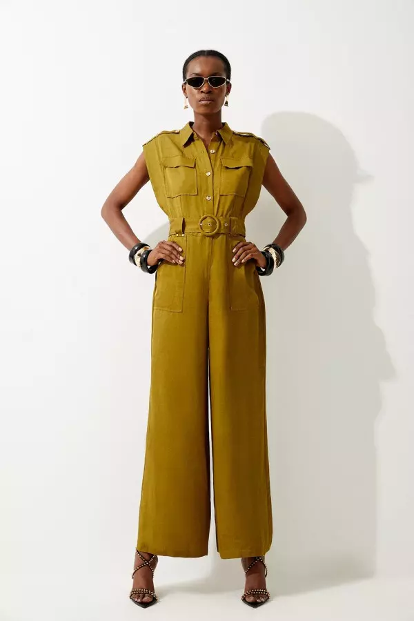 Premium Linen Topstitch Belted Jumpsuit