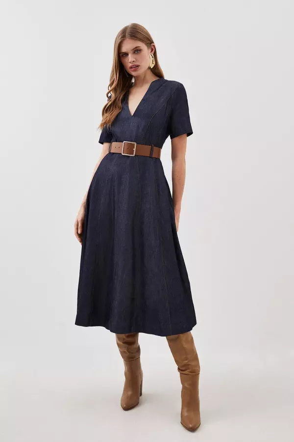 Tailored Denim Short Sleeve Full Skirt Midi Dress