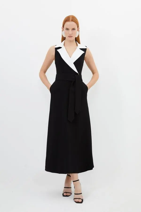 Compact Stretch Viscose Belted Tailored Midi Shirt Dress