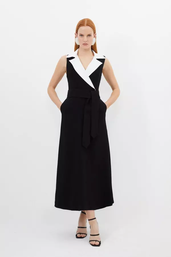 Compact Stretch Viscose Belted Tailored Midi Shirt Dress