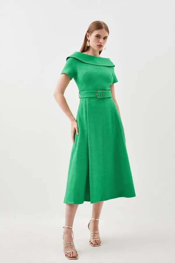 Tailored Roll Neck Tweed Bardot Belted Full Skirt Midi Dress