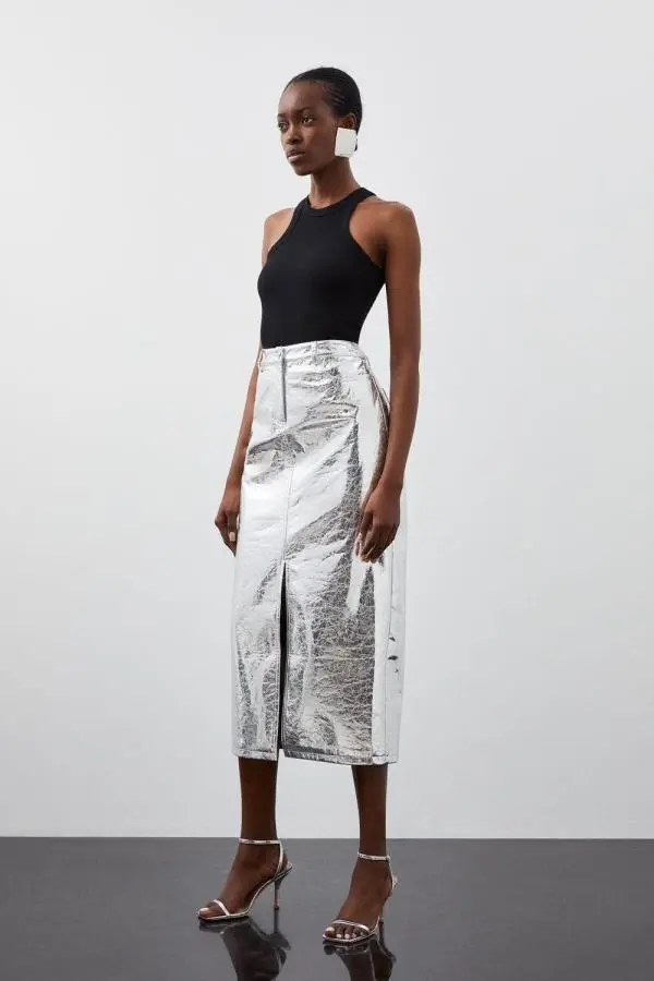 Metallic Faux Leather Midi Skirt