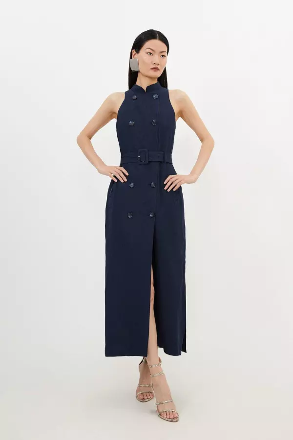 Petite Premium Tailored Linen Double Breasted Belted Dress
