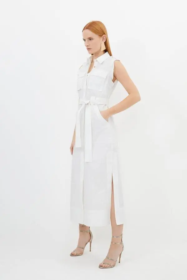 Cotton Sateen Pocket Detail Woven Maxi Shirt Dress