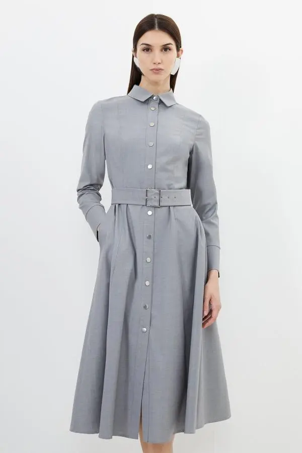 Tailored Wool Blend Belted Shirt Dress