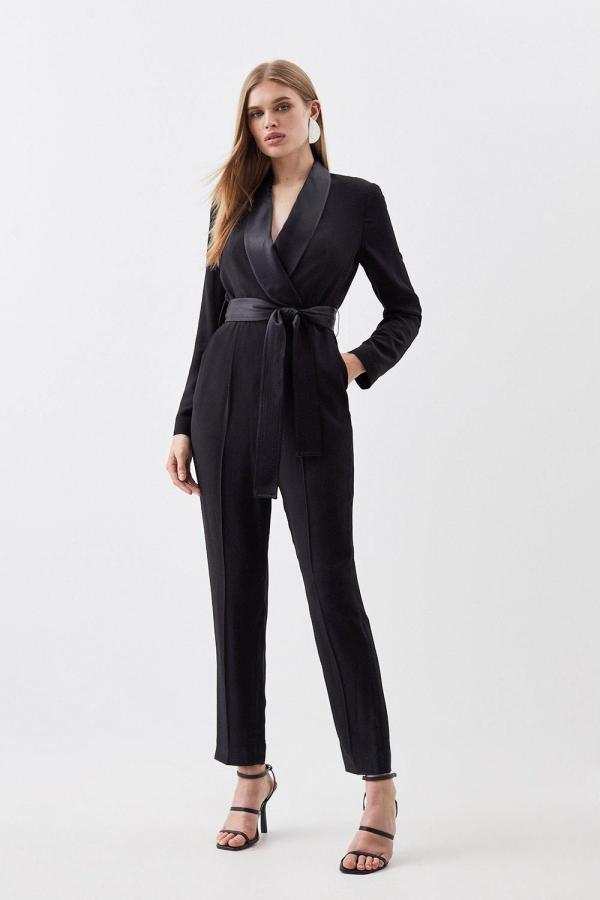 Petite Tailored Tuxedo Wrap Jumpsuit