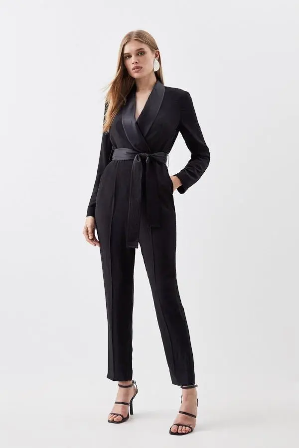 Petite Tailored Tuxedo Wrap Jumpsuit