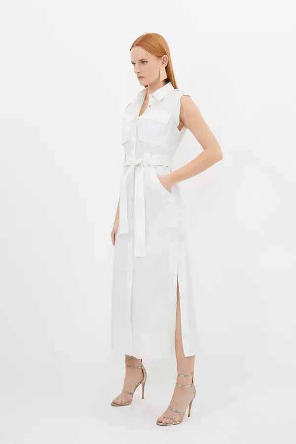 Petite Cotton Sateen Pocket Detail Woven Maxi Shirt Dress