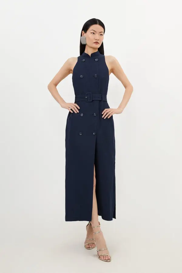 Premium Tailored Linen Double Breasted Belted Midi Dress