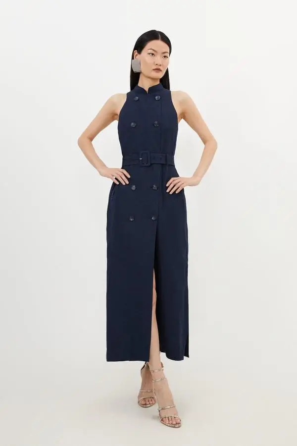 Premium Tailored Linen Double Breasted Belted Midi Dress