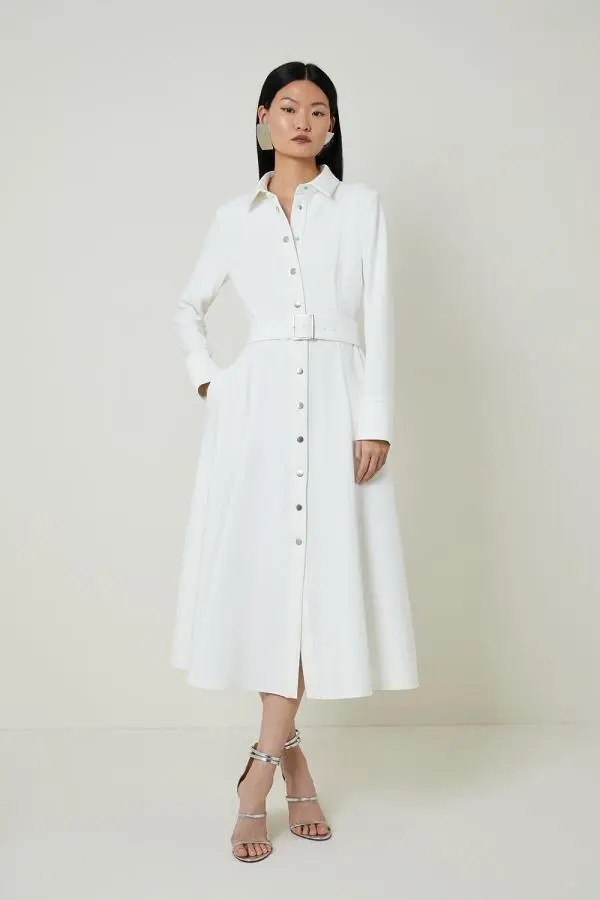 Tailored Compact Stretch Belted Shirt Dress