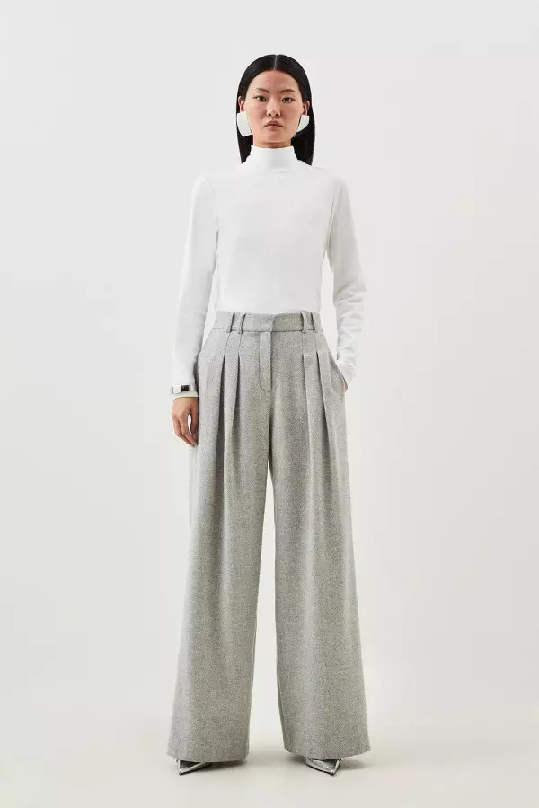 Petite Tailored Wool Blend Double Faced Wide Leg Trousers