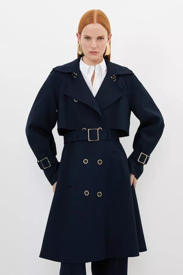 Tailored Compact Stretch Full Skirt Belted Trench  Coat
