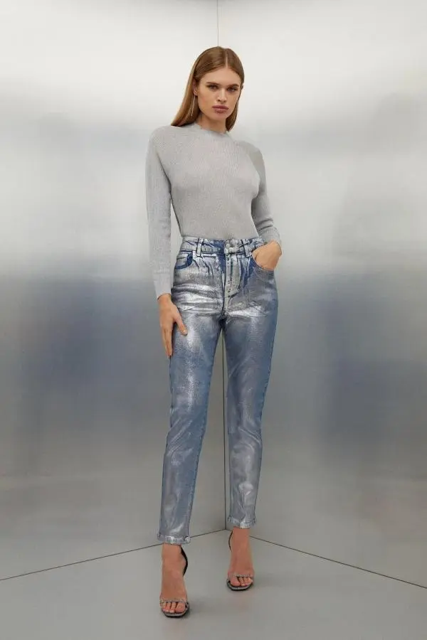 High Rise Slim Leg Silver Foiled Jeans