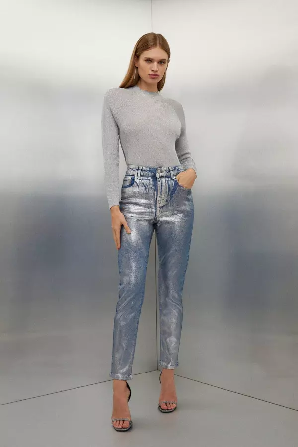 High Rise Slim Leg Silver Foiled Jeans