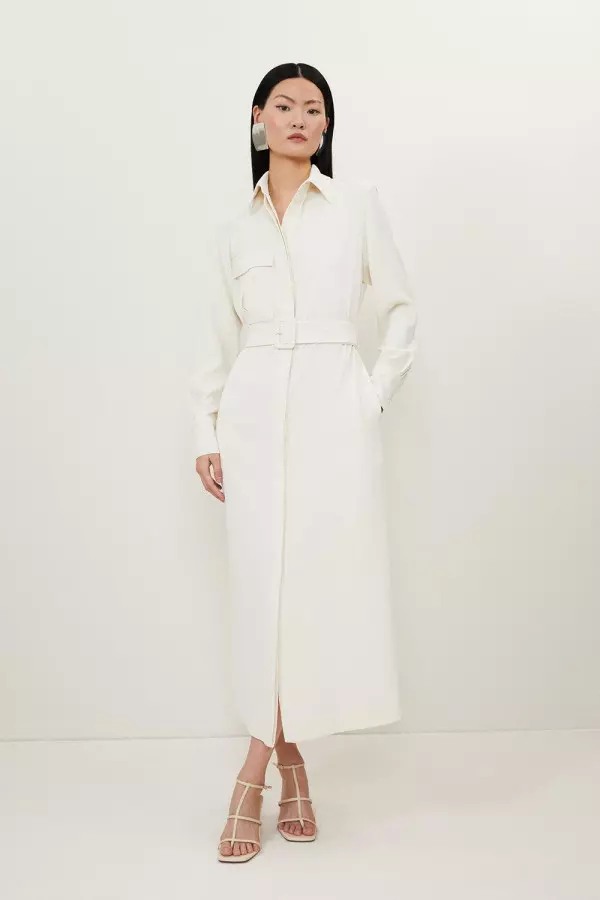 Tailored Crepe Pocket Detail Belted Midi Shirt Dress