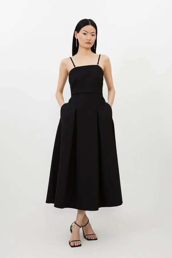 Compact Stretch Tailored Bandeau Full Skirted Midi Dress