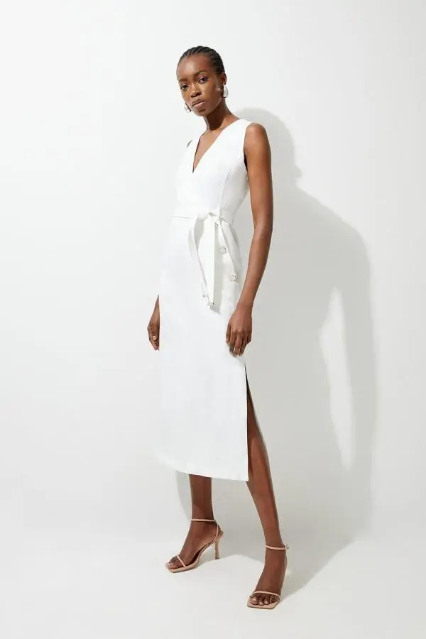 Premium Linen Tailored Button Detail Belted Midi Dress