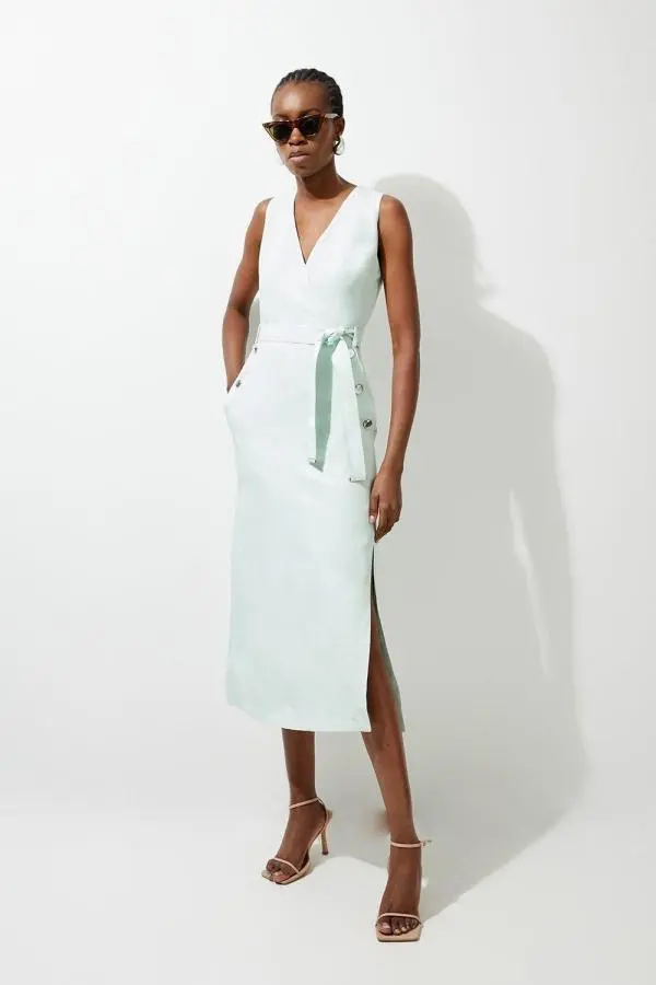 Premium Linen Tailored Button Detail Belted Midi Dress