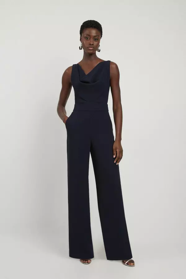 Fluid Tailored Cowl Neck Backless Wide Leg Jumpsuit