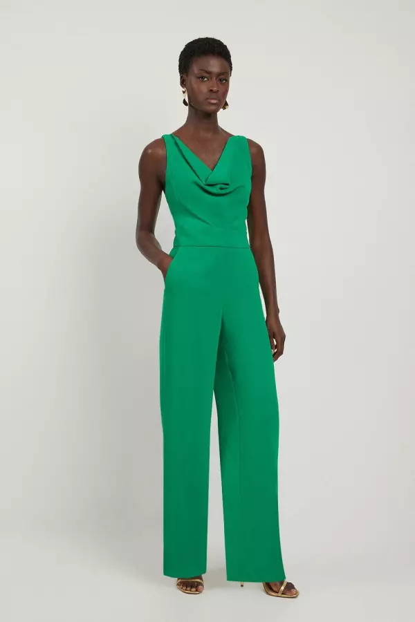 Fluid Tailored Cowl Neck Backless Wide Leg Jumpsuit