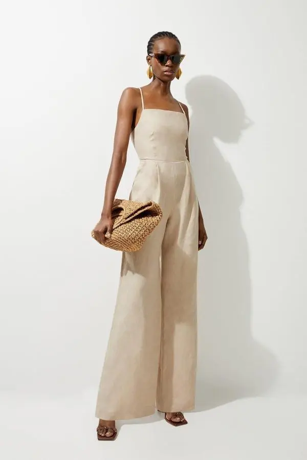 Premium Linen Tailored Halterneck Corset Back Wide Leg Jumpsuit