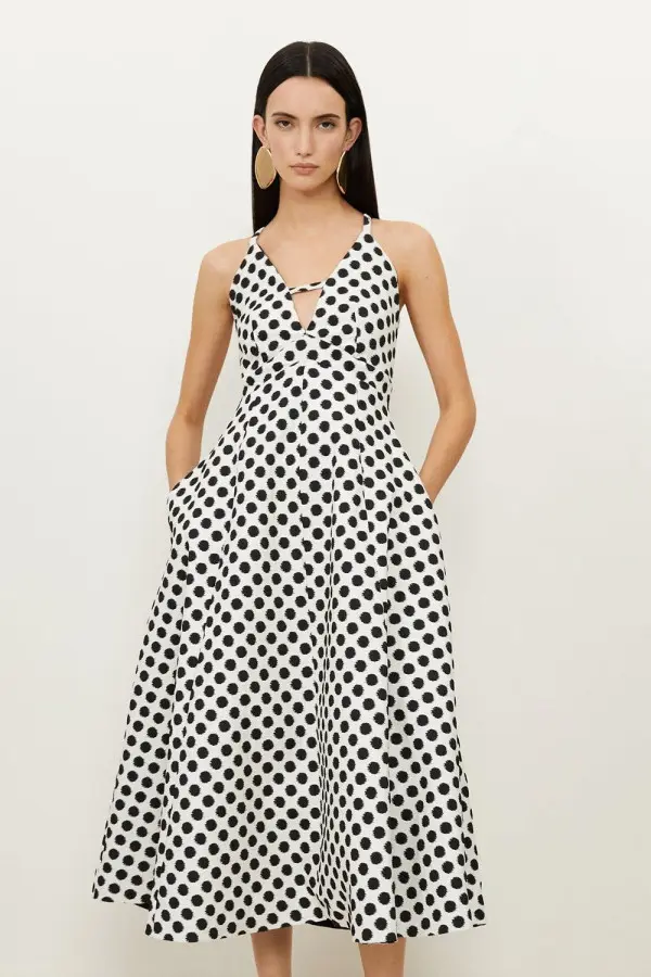 Tailored Jacquard Spot Strappy Midi Dress