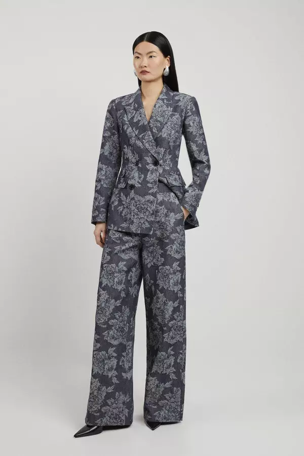 Tailored Floral Denim Pleated Wide Leg Trousers