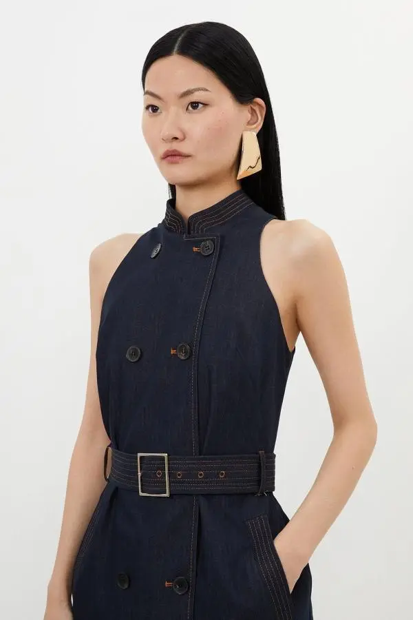 Tailored Denim Double Breasted Belted Midi Dress