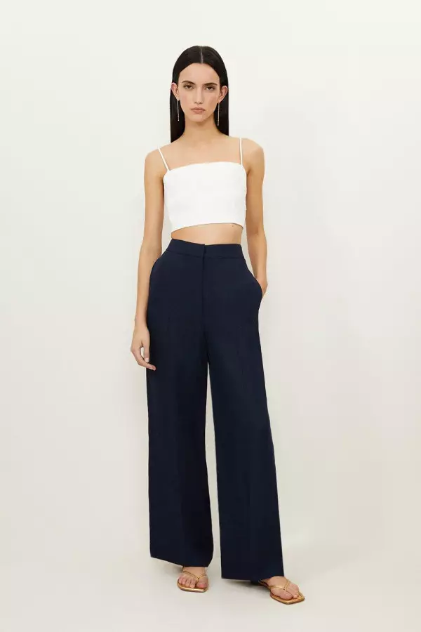 Premium Tailored Linen Mid Rise Wide Leg Trousers