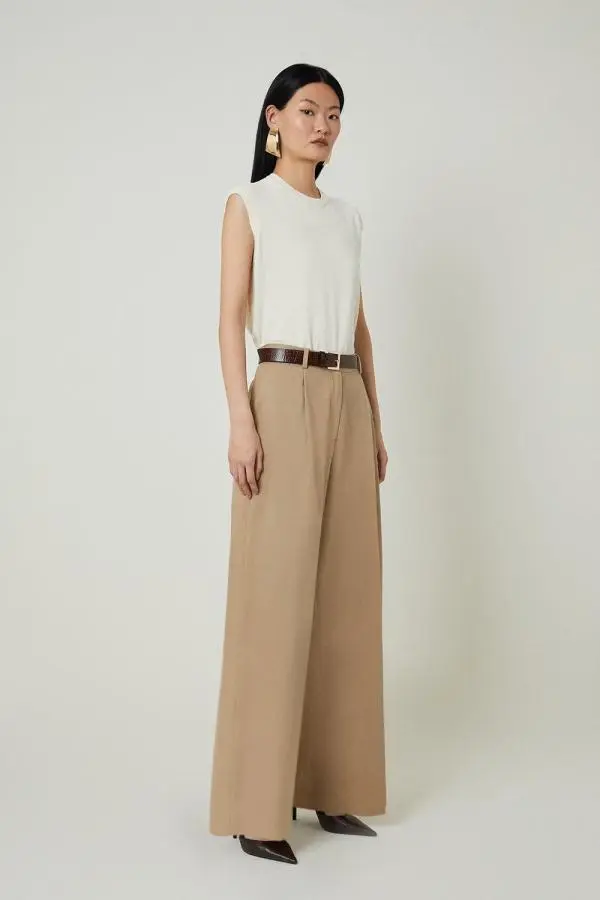 Tencel Cotton Pleated Wide Leg Tailored Trousers