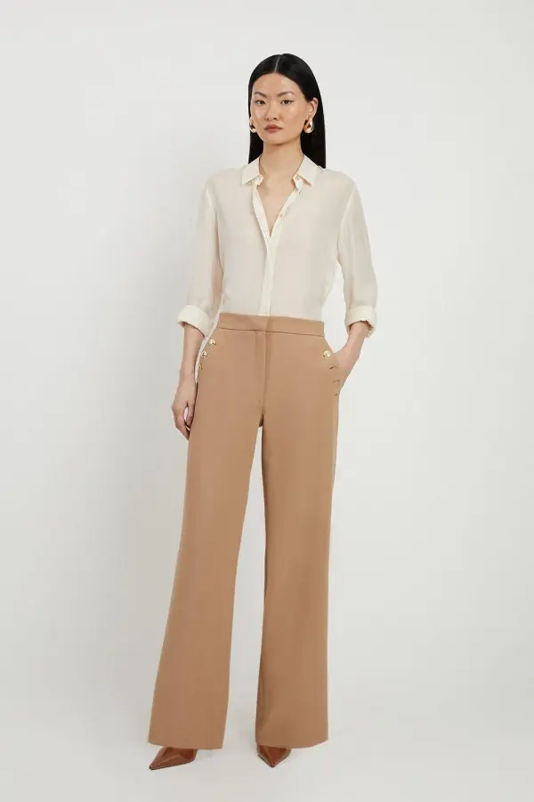 Compact Stretch Tailored Button Detail Wide Leg Trousers