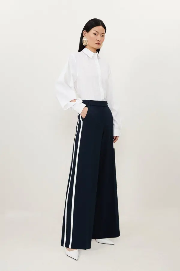 Compact Stretch Wide Leg Tipped Tailored Trousers