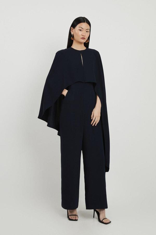 Fluid Tailored Asymmetric Draped Cape Straight Leg Jumpsuit