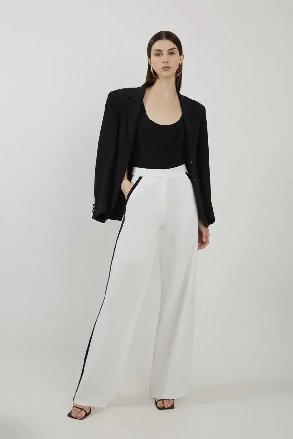 Compact Stretch Contrast Panel Wide Leg Tailored Trousers